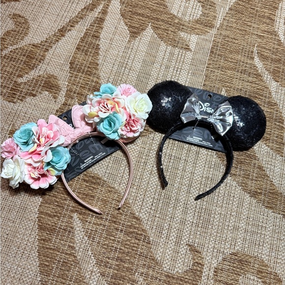 DISNEY EARS - 2 pcs! Pink floral and black/silver Mickey Mouse Disneyworld NEW - Picture 1 of 5